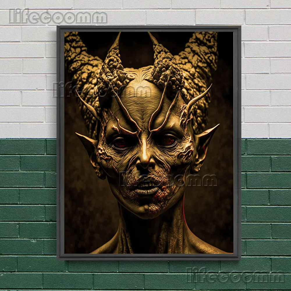 Портрет дьявола с длинными рогами винтажный настенный художественный холст