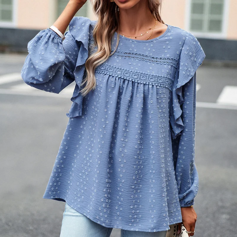 

Женская рубашка с оборками и рукавами-фонариками, повседневный однотонный ажурный топ свободного покроя с круглым вырезом, осень
