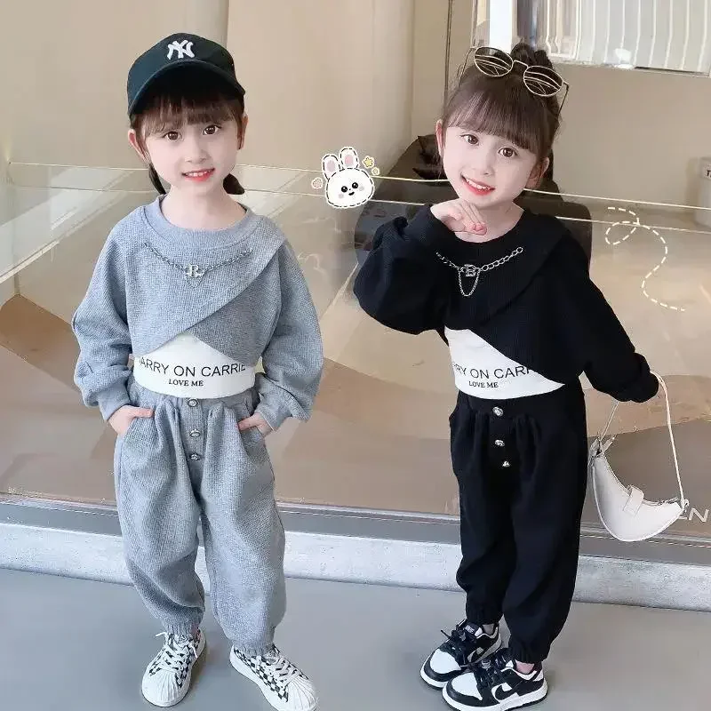 Весенне-осенний однотонный Укороченный свитшот + спортивные штаны футболка с