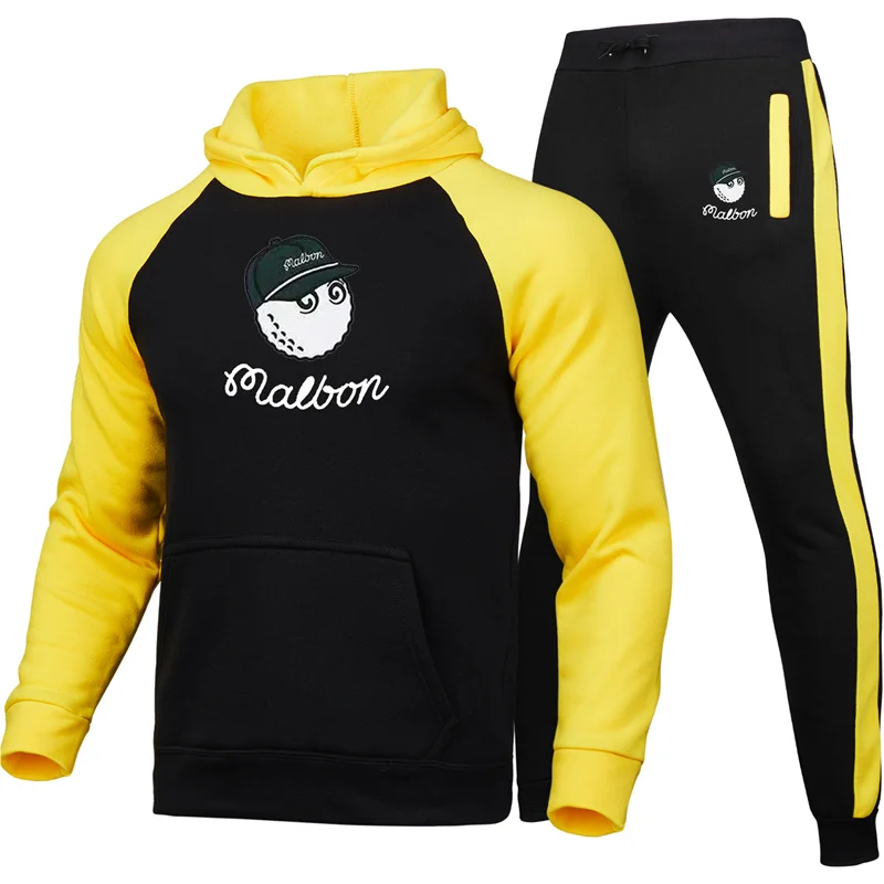 

New 2022Men's Brand Malbon Golf Suit Autumn and Winter New Fashion Zipper Hooded Sweater + Pants Two-piece Casual Sports Suit