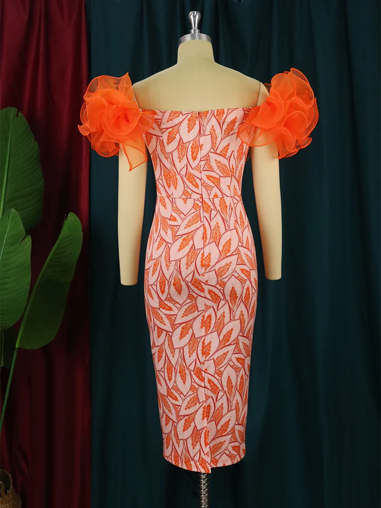 2023 New in Women Summer Printed Midi Dresses Formal Bare Shoulder Puffy Flare Leaf Stretch Sexy Evening Party Pencil Dresses