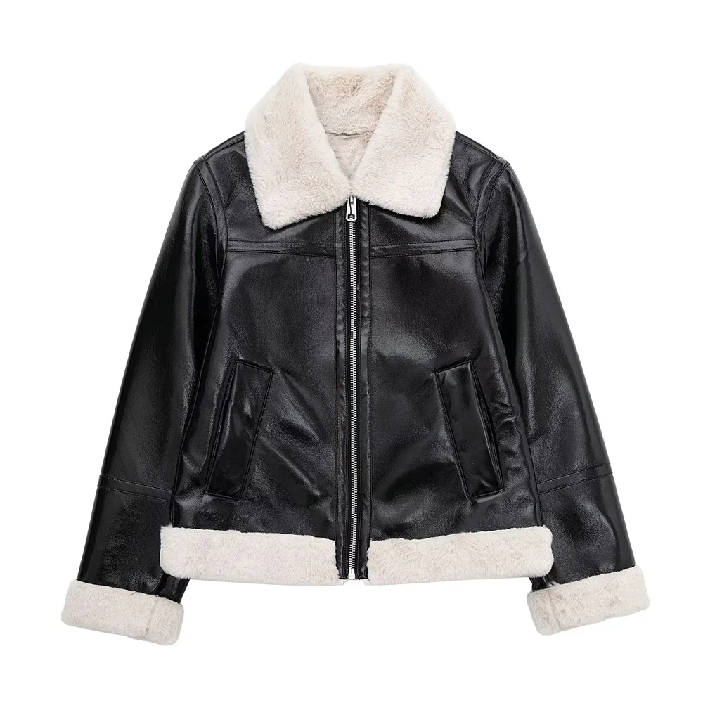 

PB&ZA Women's Faux Leather Jacket Winter Faux Fur Coat Turn-down Collar Fluffy Outwear Casual Fleece Stylish Clothing 8073261