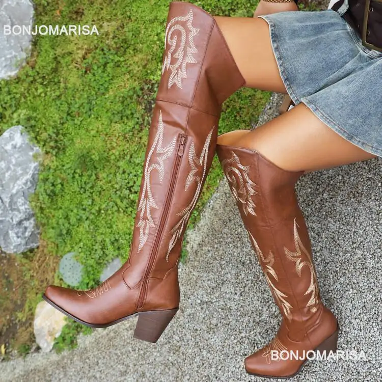 

BONJOMARISA Over The Knee High Cowboy Boots For Women Embroidery Fashion Thigh High Cowgirl Boots Block Heel Western Boots Shoes