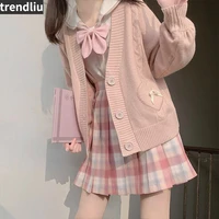 spring autumn kawaii fashion pink cardigan women v ineck crop knitted sweater cute bow heart korean japanese style school coat