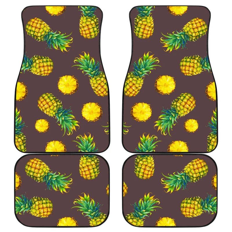 Brown Pineapple Pattern Print Front and Back Car Floor Mats    Heavy Carpet Front and Rear Full Set 4PCs Pack
