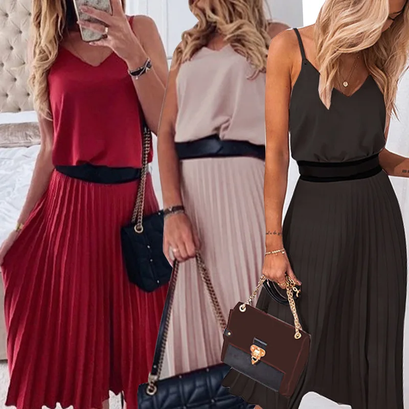 Купи Spring and summer women's pure V-neck sexy sling pleated long skirt за 647 рублей в магазине AliExpress