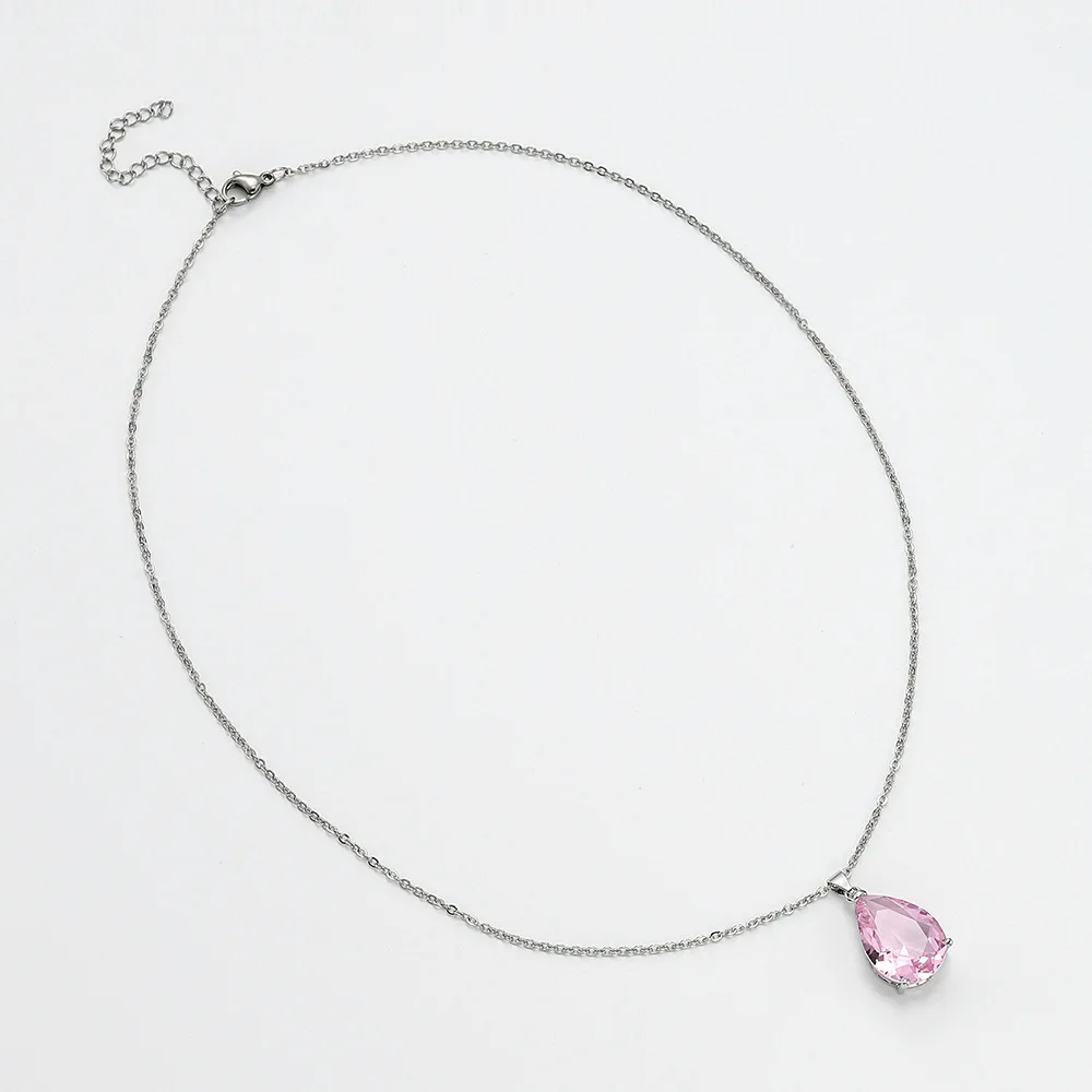 Luxury Simple Women's Necklace Charms Silver Colour Daily Wear Jewelry Pink Zircon Water Drop Pear Shaped Pendant Clavicle Chain