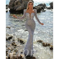 haowen glitter mermaid evening dresses long sleeves sweetheart dubai women luxurious prom gown silver mother formal dress