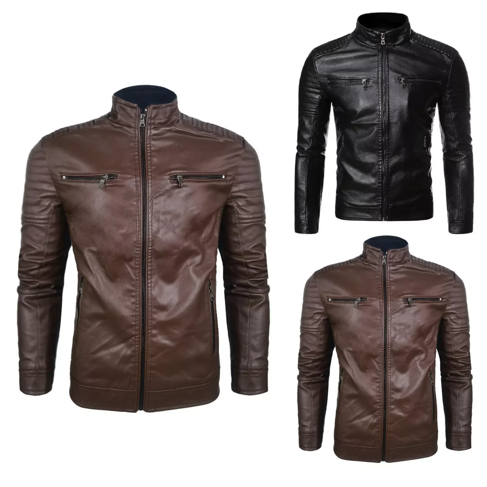 

Мужская однотонная куртка на молнии, с карманами и высоким воротником