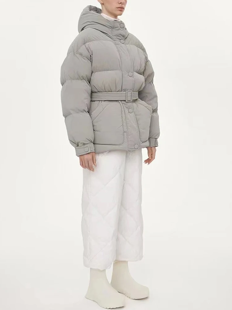 2022 Winter Loose Thickening Puffer Jacket Women Solid Belt High Waist Warm Parkas Fashion Black Grey Long Sleeve Coat