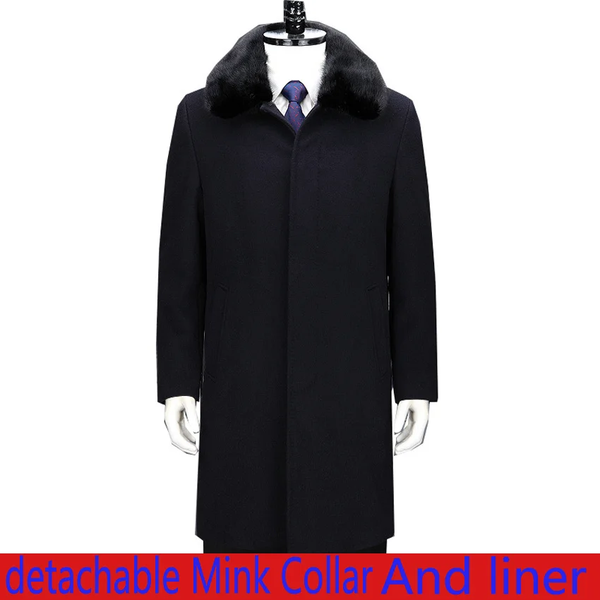 Cashmere New Men Luxuty Winter Coat Detachable Mink Collar Gold Liner Wool Casual X-long Covered Button Thick Warm Plus Size 4XL