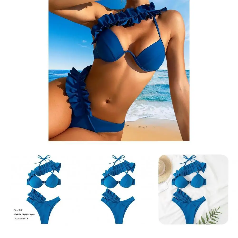

Летние 2 шт./компл. стильные однотонные бикини с лямкой через шею, женский купальный костюм с плиссированными краями для плавания
