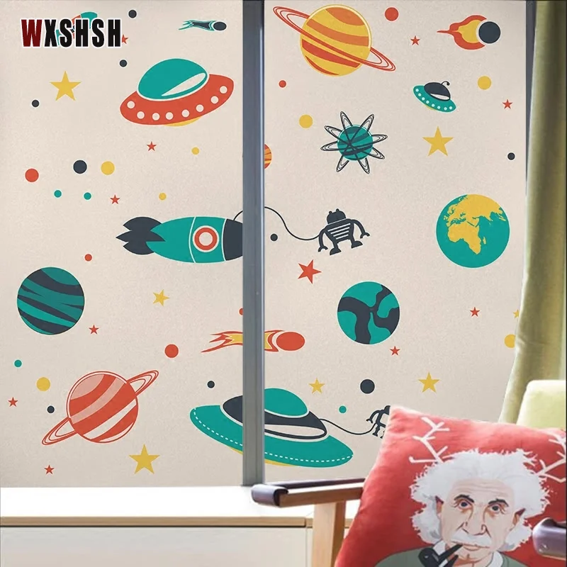 Стеклянная пленка, размер на заказ, статические липкие растения, космический корабль, милые Мультяшные украшения, виниловые нетоксичные для детской комнаты Kindgarten