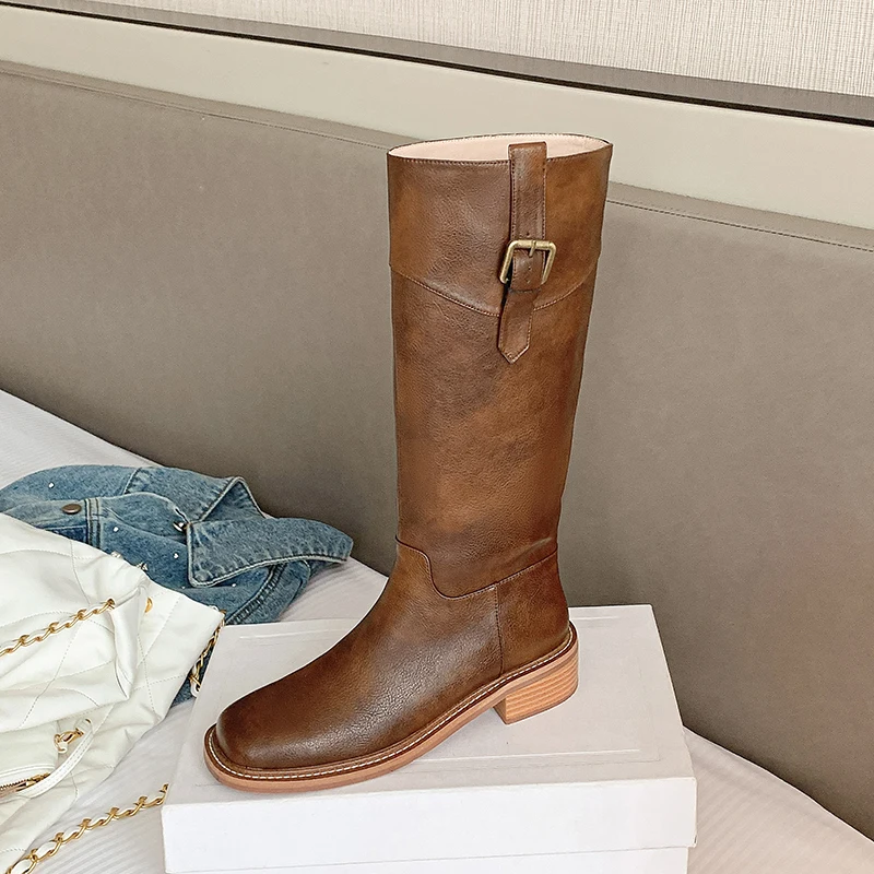 

Winter Boots Women's Comfortable Korean Fashion Belt Buckle Boots Sleeve Rider Boots Square Toe Thick Heels