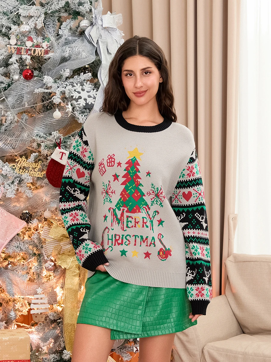 Женский рождественский свитер с длинным рукавом и круглым вырезом пуловер