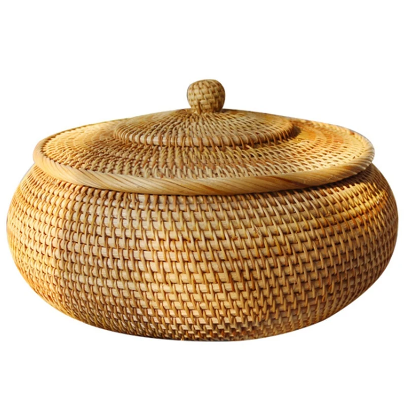 

Круглая ротанговая коробка, плетеная корзина для фруктов с крышкой, корзина для хлеба, лоток, корзина для хранения, плетеная корзина для хлеба, закусок