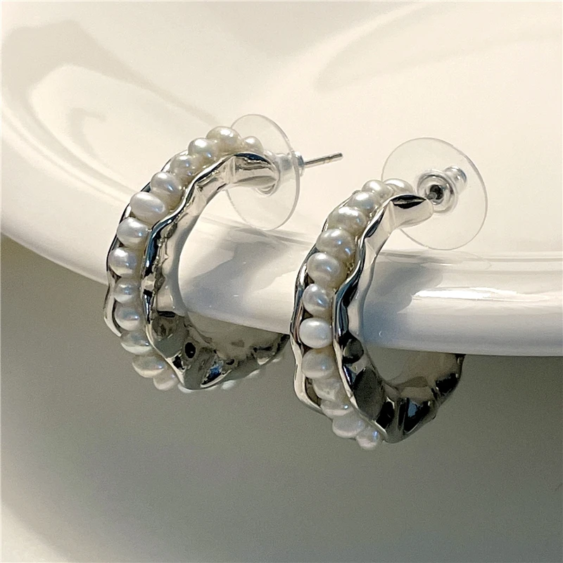 

2022 New Freshwater Pearl Irregular Metal Geometric Ring Earrings, Suitable for Girls To Wear, Female Travel Party Jewelry