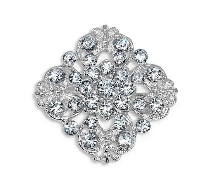

Silver Plated Metal Clear Rhinestone Crystal Pretty Flower Collar Pin Brooch