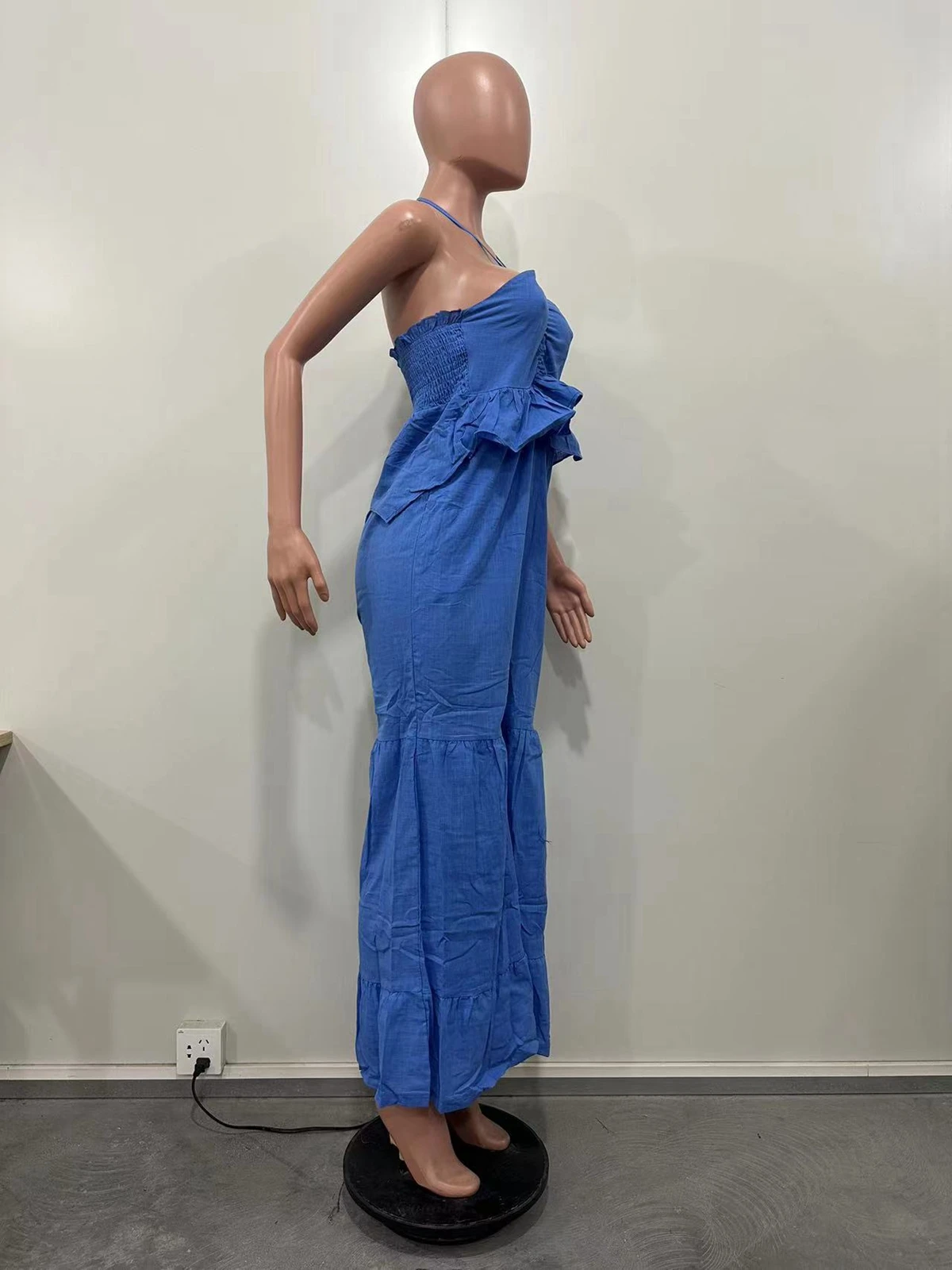 Wishyear 2023 Summer Clothes Backless Halter Long Romper Women Overalls Party Club Loose Wide Leg Ruffle Sexy Elegant Jumpsuit