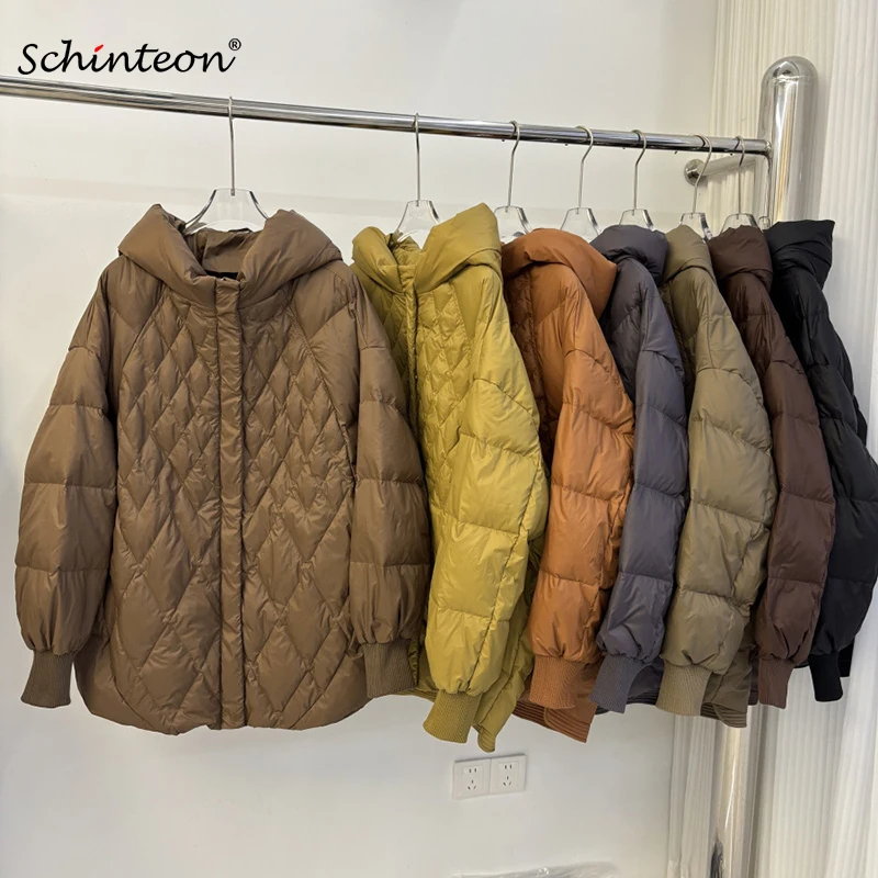 Фото Schinteon женский белый утиный пуховик с капюшоном, повседневная свободная куртка большого размера Argyle, теплая осенне-зимняя верхняя одежда, новинка 2025, пальто №1