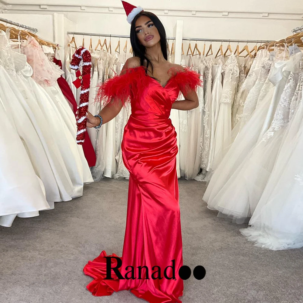 

Simple Trumpet Evening Dresses For Wedding Feather V Neck Court Train Stain Off The Shoulder Pleats Robe De Ball Stretch