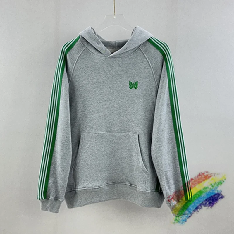 

Gray Needles Hoodie Men Women Top Version Needles AWGE Hoodie Green Stripe Embroidery Butterfly Hooded Sweatshirts