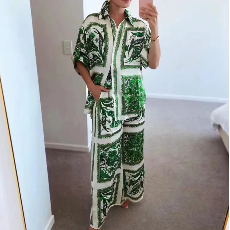 

2023 Summer New Women's Lapel Long Sleeve Button Up Shirt Positioning Printed Pants Set