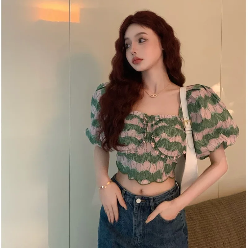 

2022 Summer New Luxury French Shirt Women Sexy Light Luxury Retro Puff Sleeve Square Collar Cropped Top Boutique Clothing