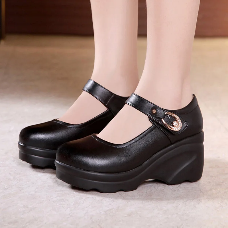 

Round Head Black Mary Janes Thick Chunky Platform Wedges Shoes Spring Fall 2022 Womens High Heels Pumps for Office Mother