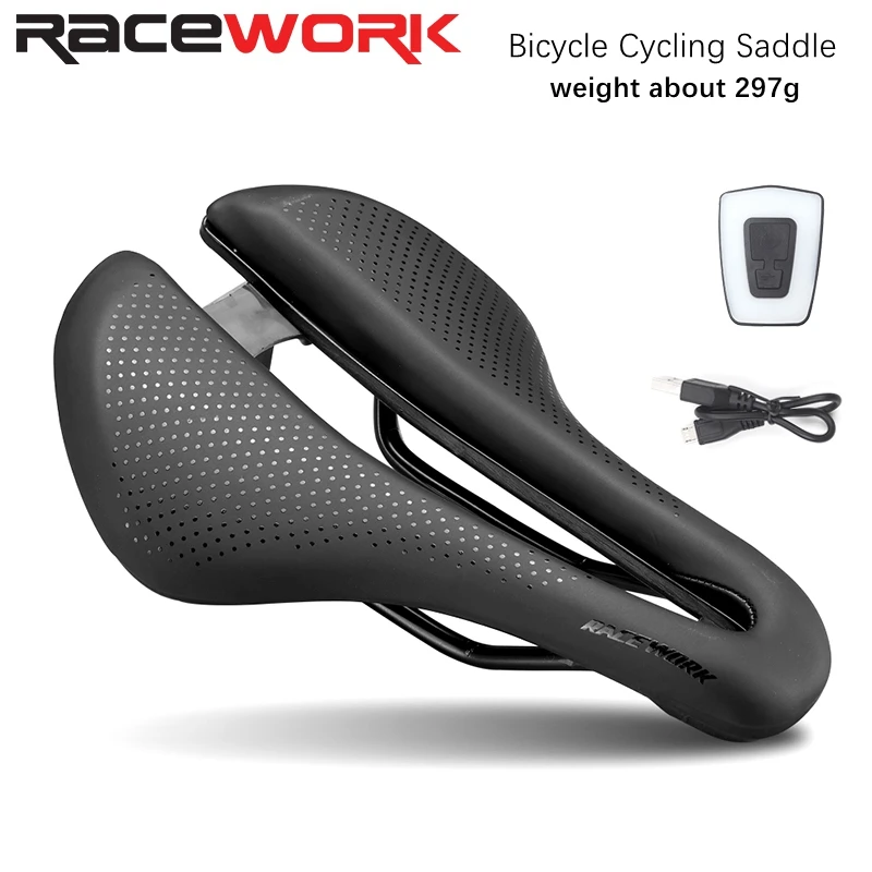 

RACEWORK MTB Road Bike Saddle Hollow Soft Comfortable Breathable Seat With Warning Taillight USB Road Bicycle Cycling Saddles