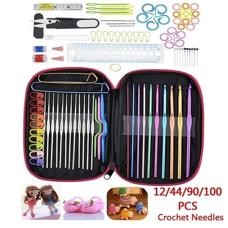 

NEW-100pcs Crochet Hooks Set Knitting Tool Accessories with Leather Case