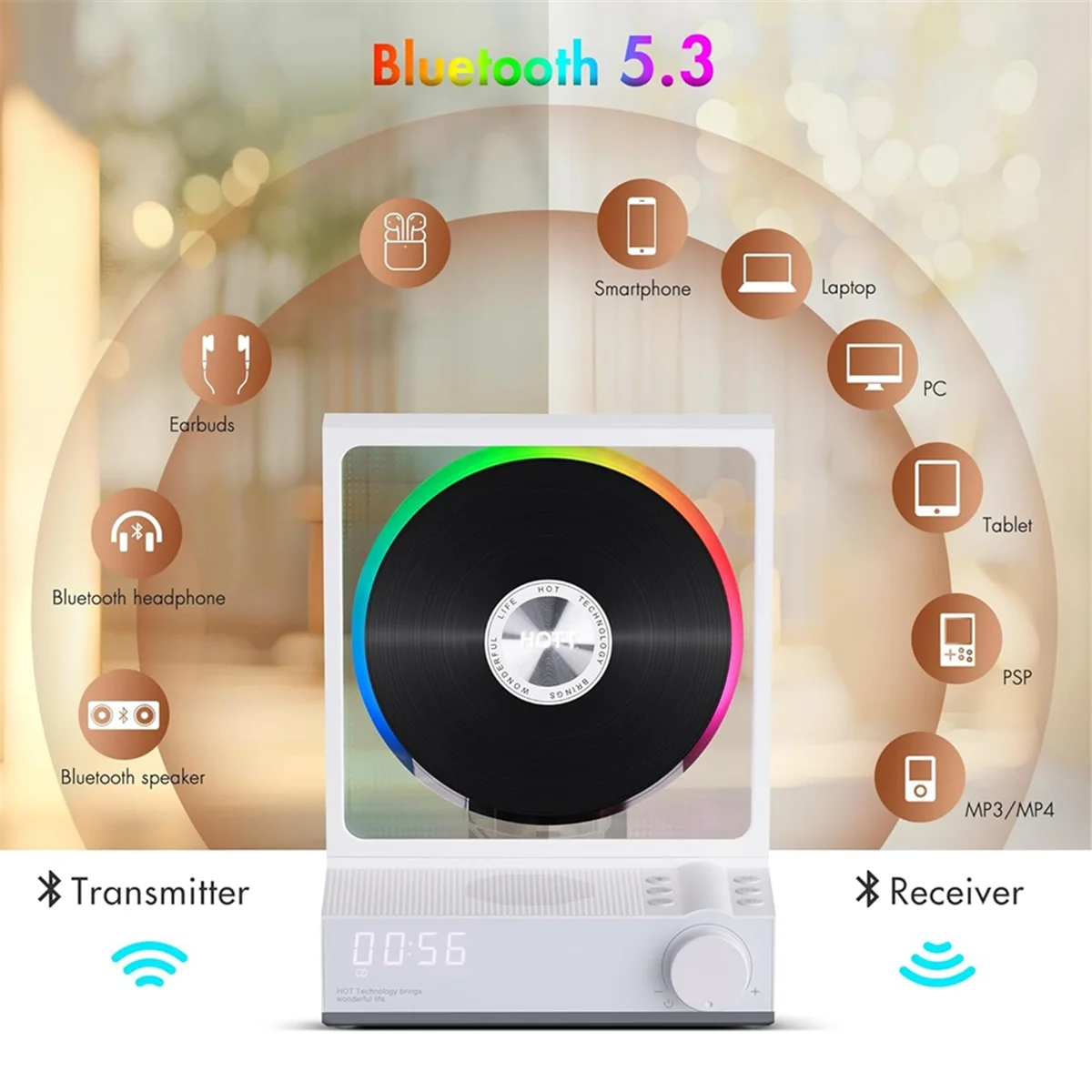 HOTT CD-плеер Портативный Bluetooth 5.3 Настольный с цветной подсветкой рецептом таймером