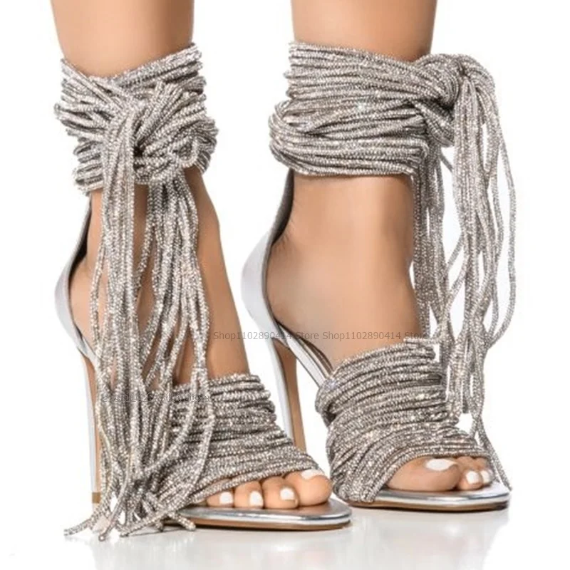 Женские босоножки на высоком каблуке серебристые сандалии с открытым носком и