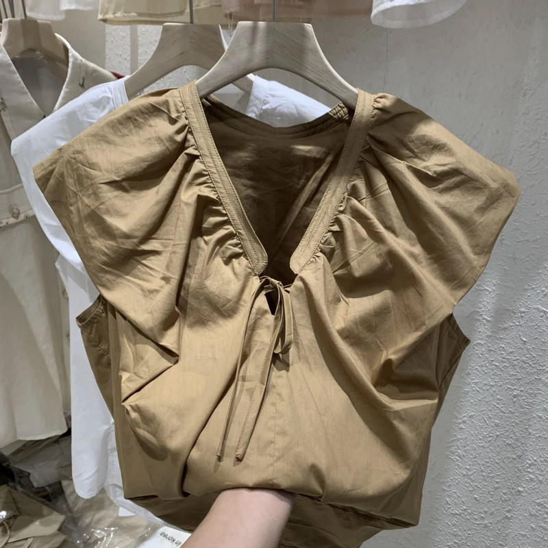 

Bandage Chiffon Women Blouse Summer Sweet Style Solid Flare Sleeved Solid Elegant Female Pulls Tops