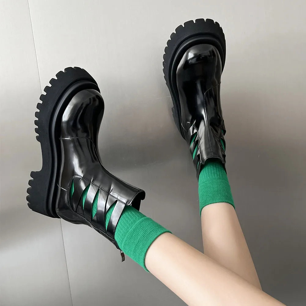 LapoLaka 2022 Fashion Black Thick Heel Ankle Boots Round Toe Hollow Out Back Zipper Premium Quality Women Boots