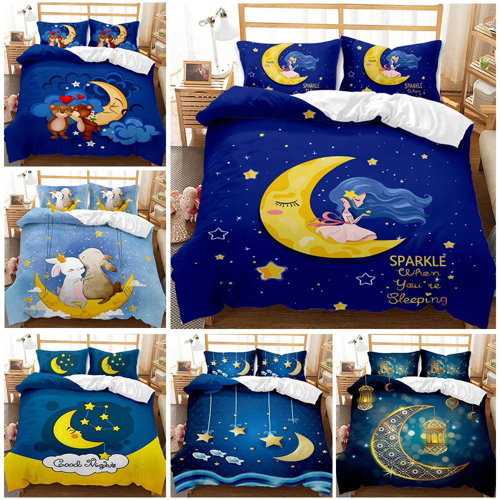 Cartoon Moon Duvet Cover Set,Decorative 3 Piece Bedding Set,Space Moon,Stars Queen King Twin Full Size Comforter Quilt Cover