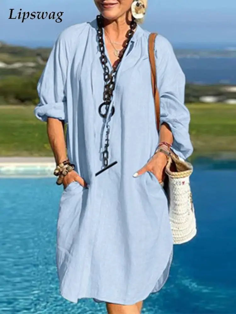 

Женское винтажное платье из хлопка и льна, офисное модное платье миди с V-образным вырезом, повседневное пляжное платье с длинным рукавом, ве...