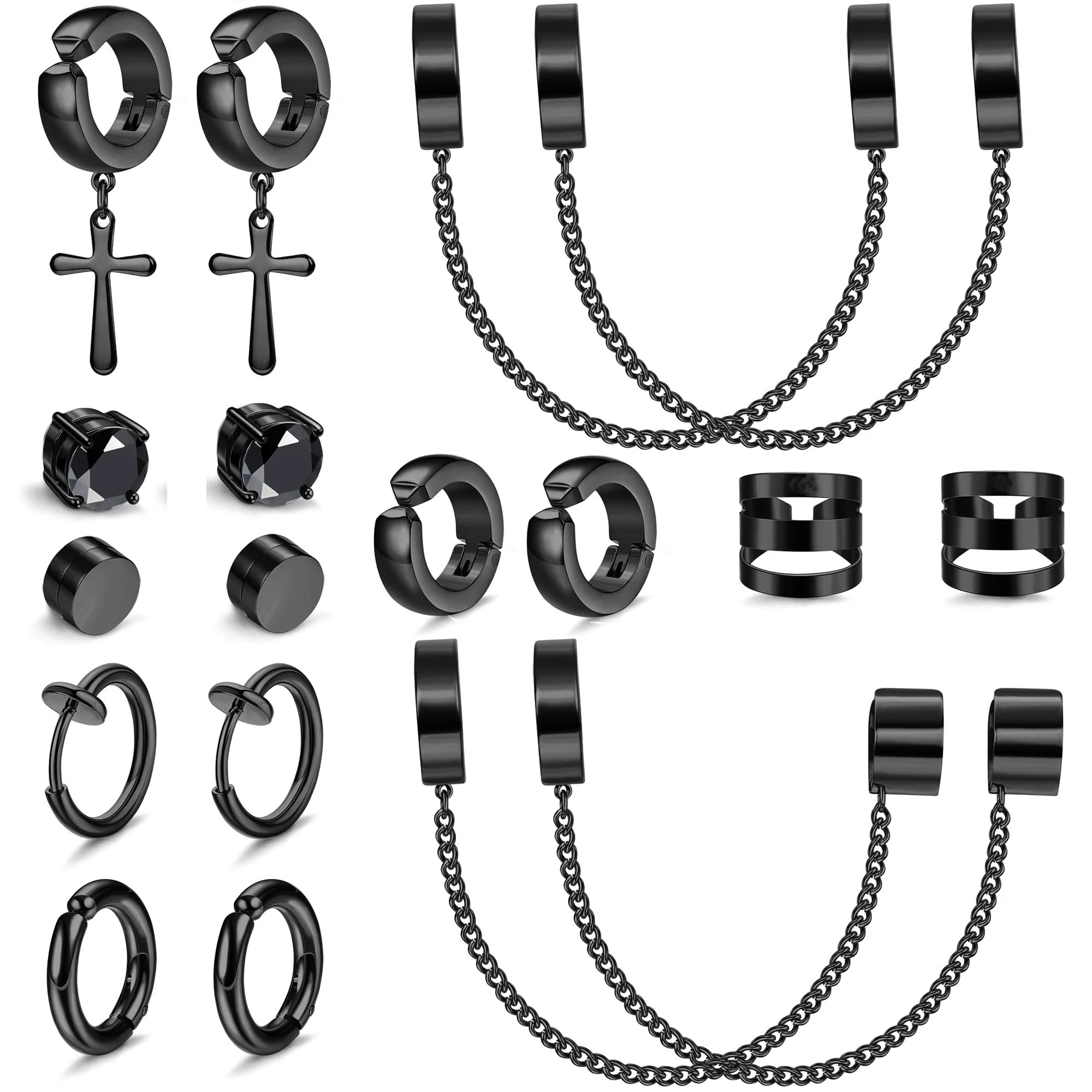 

9 Pairs Black Tone 316L Stainless Steel Clip on Chain Earrings Non-Piercing Cross Dangle Hoop Earrings CZ Magnetic Stud Earrings