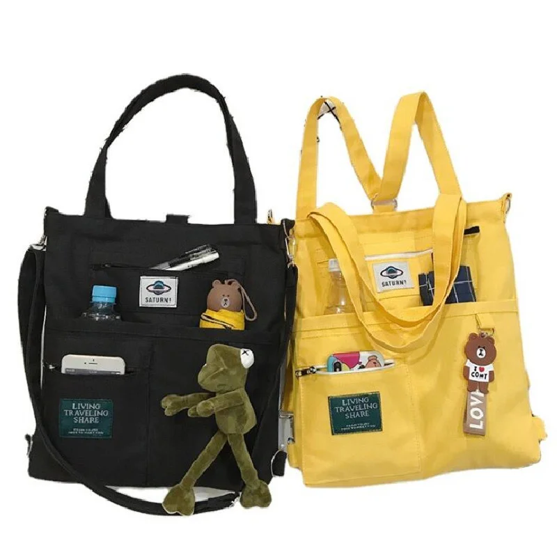 

Women Handbag Shoulder Bags Large Capacity Simple Folding Handbags Tote Shopping Bag with Frog Pendant Book Bags for Girl