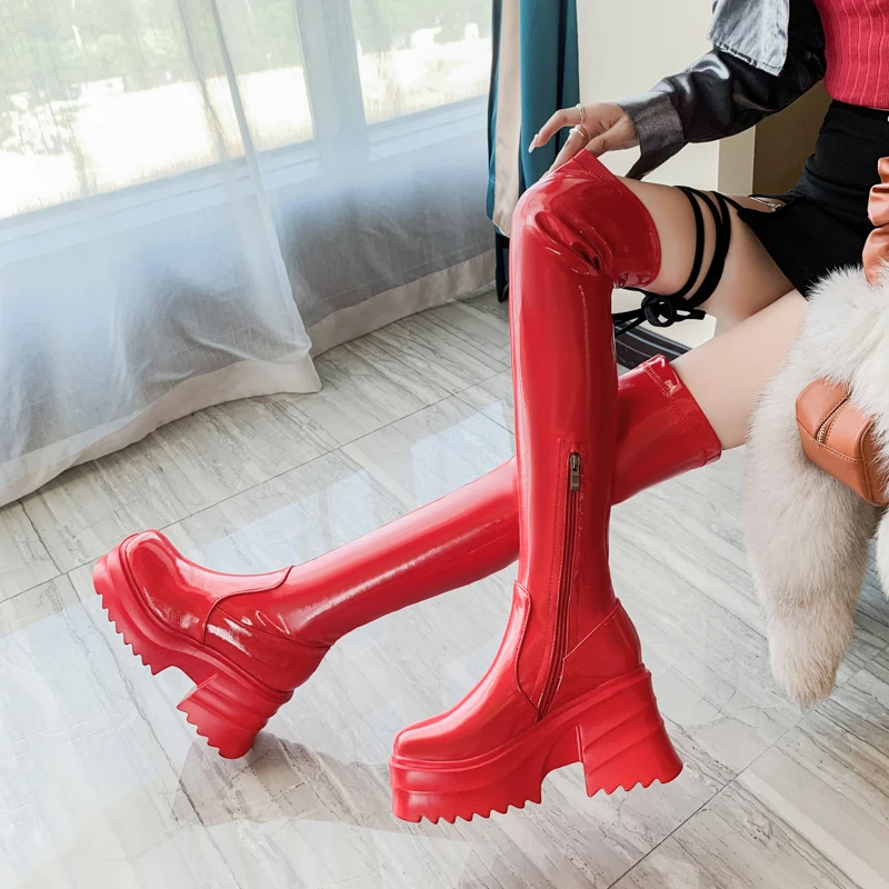 Ботфорты выше колена на очень высокой толстой платформе квадратный носок