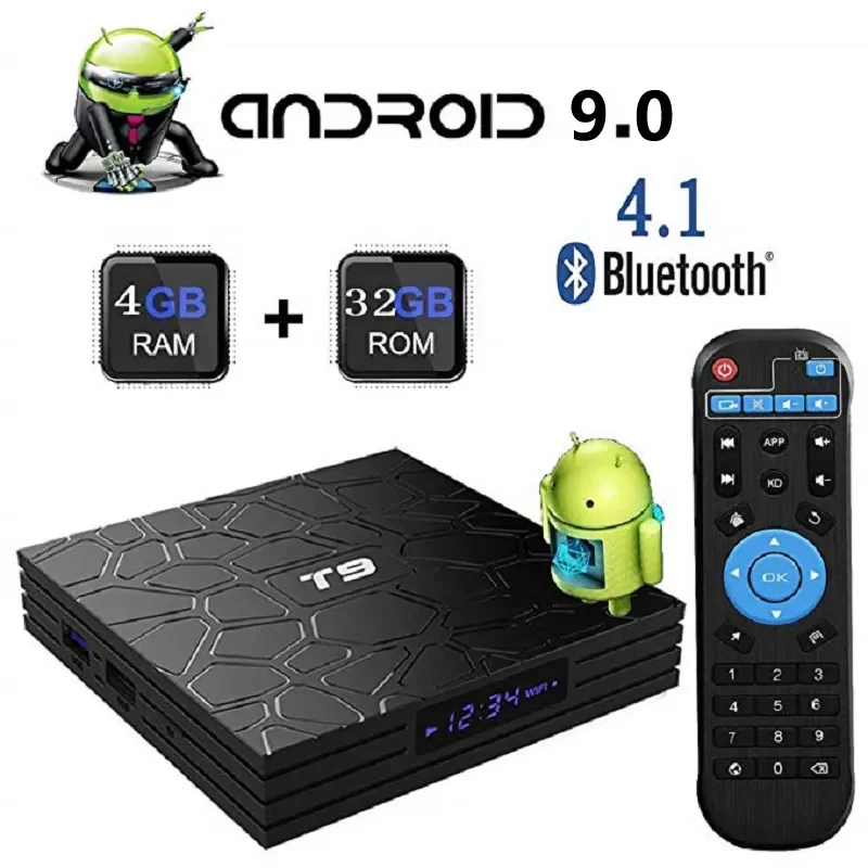 

TV Box Android 9.0 4GB RAM 64GB ROM RK3318 Quad Core 4K H.265 2.4G+5G Dual WIFI Bluetooth 4.0 T9 HD Smart Media Player
