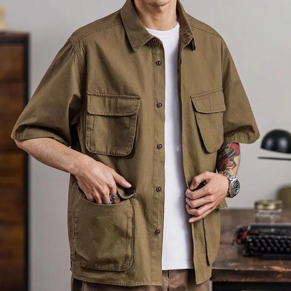 

Men Summer Shirt Multiple Pockets Spring Top Pure Color Spring Top