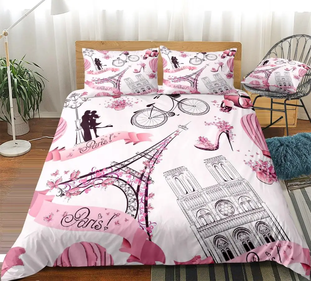 

Eiffel Tower Duvet Cover Set Pink Girls Bedding Set Romantic Paris Bed Linen Girls Lover Home Textiles Couple Bedclothes