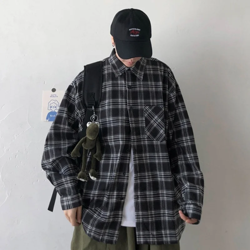 

Men Homme Street Brand Chemise Blouse Shirts Vintage Oversized Flannel Boyfriend Plaid Shirt For Women Casual Korean Tops