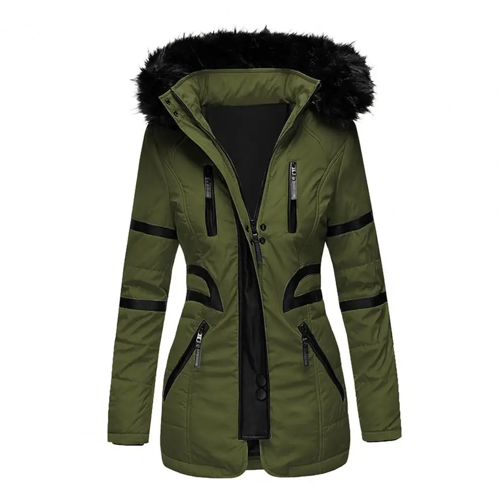 Solid Color Zipper Buttons Closure Winter Coat Waist Tight Plush Hooded Quilted Women Overcoat for Outdoor