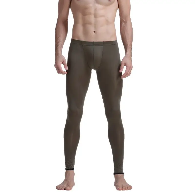 CLEVER-MENMODE Men Sexy Ultra Thin Stretch Underwear Transparent Pouch Ice Silk Long Johns Pants Mens Pajamas Bottoms Sleepwear