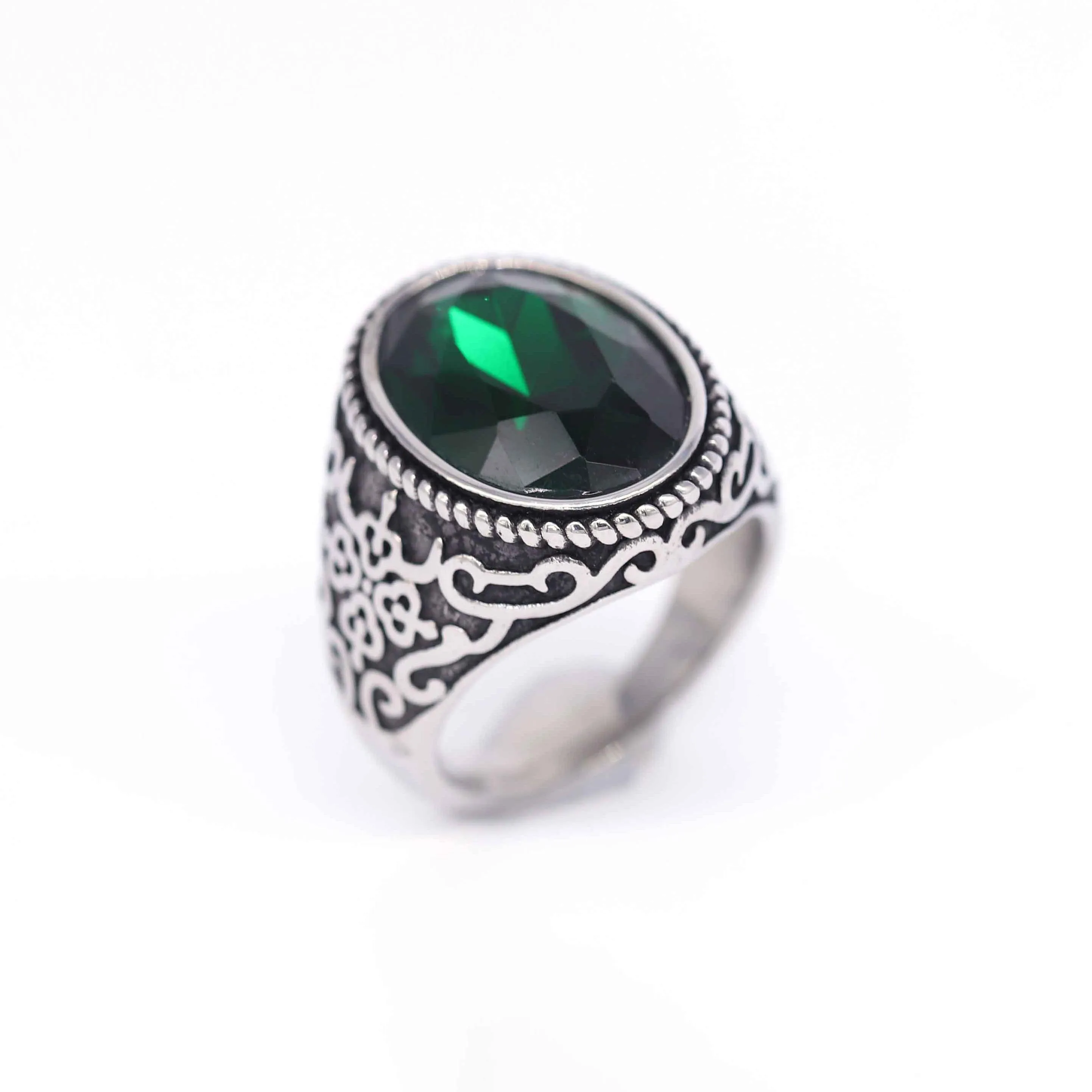 

Vintage Emerald Islamic Designer Inlaid Stainless Steel Ring Gemstone Custom Jewelry