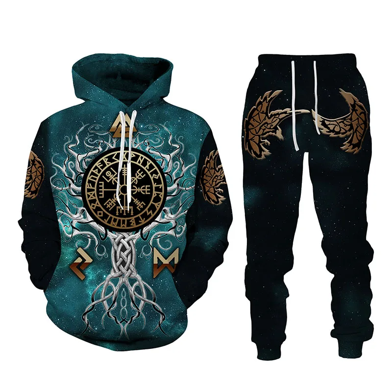 

Autumn Winter 3D Viking Totem Printed Men's Hooded Sweater Set Men's Sportswear Tracksuit Long Sleeve Men's Clothing Suit