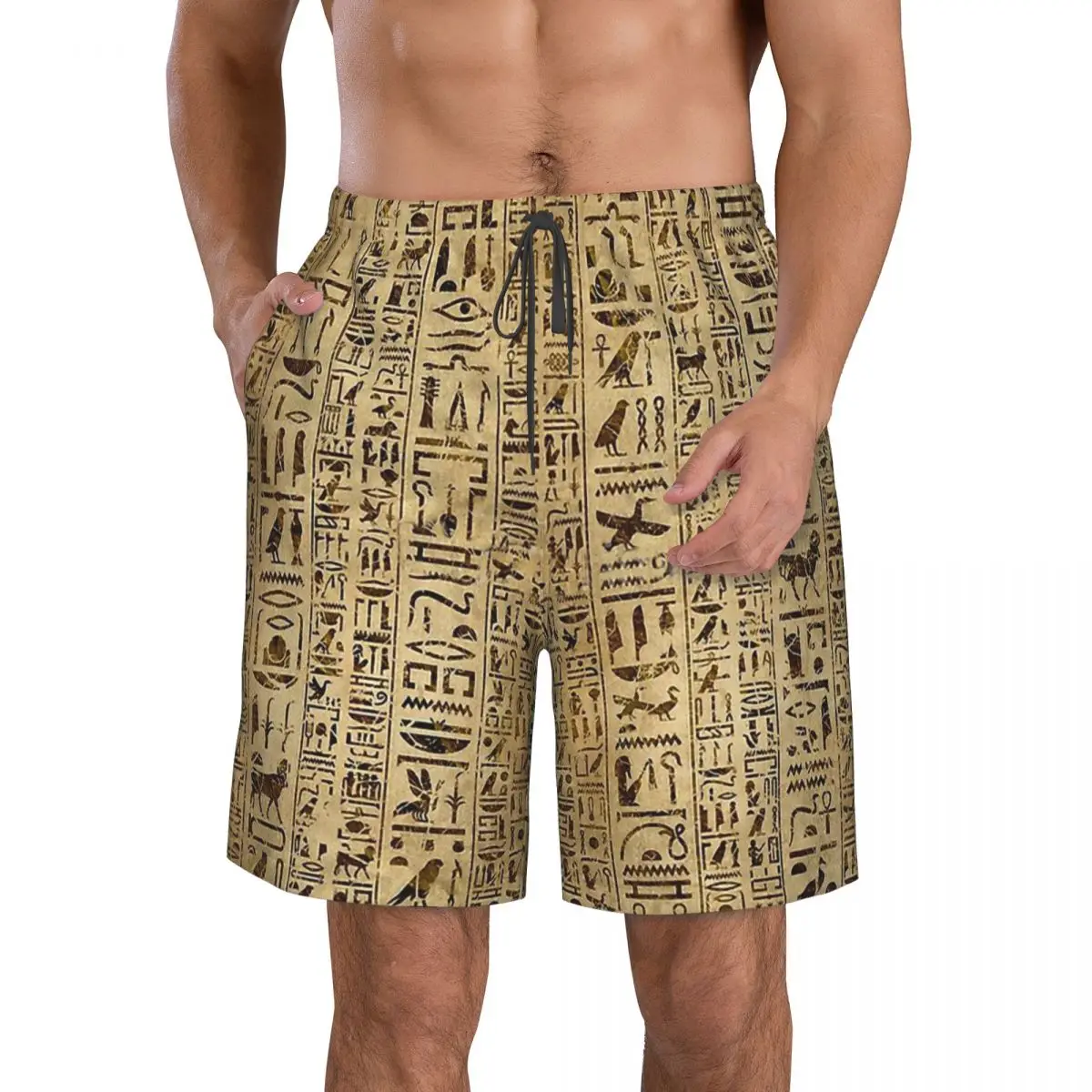 

Hieroglyphs On Papyrus Men's Beach Shorts Ancient Egypt Egyptian Africa with Pocket Men Swimming Trunks Surfing Boardshorts