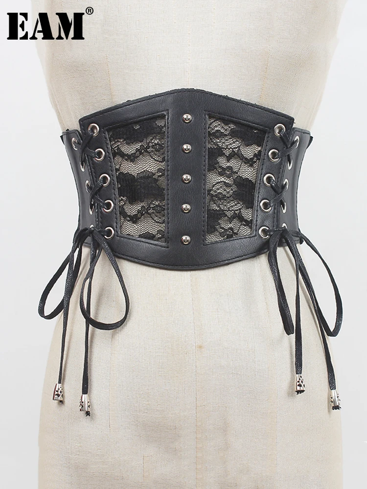 

[EAM] Pu Leather Black Bandage Elastic Wide Belt Personality Women New Fashion Tide All-match Spring Autumn 2023 1DE8874